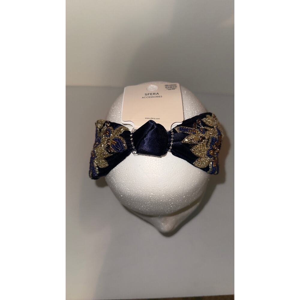 Elegant Navy Beaded Headband with Gold & Bronze Floral Embroidery - Picture 5 of 10